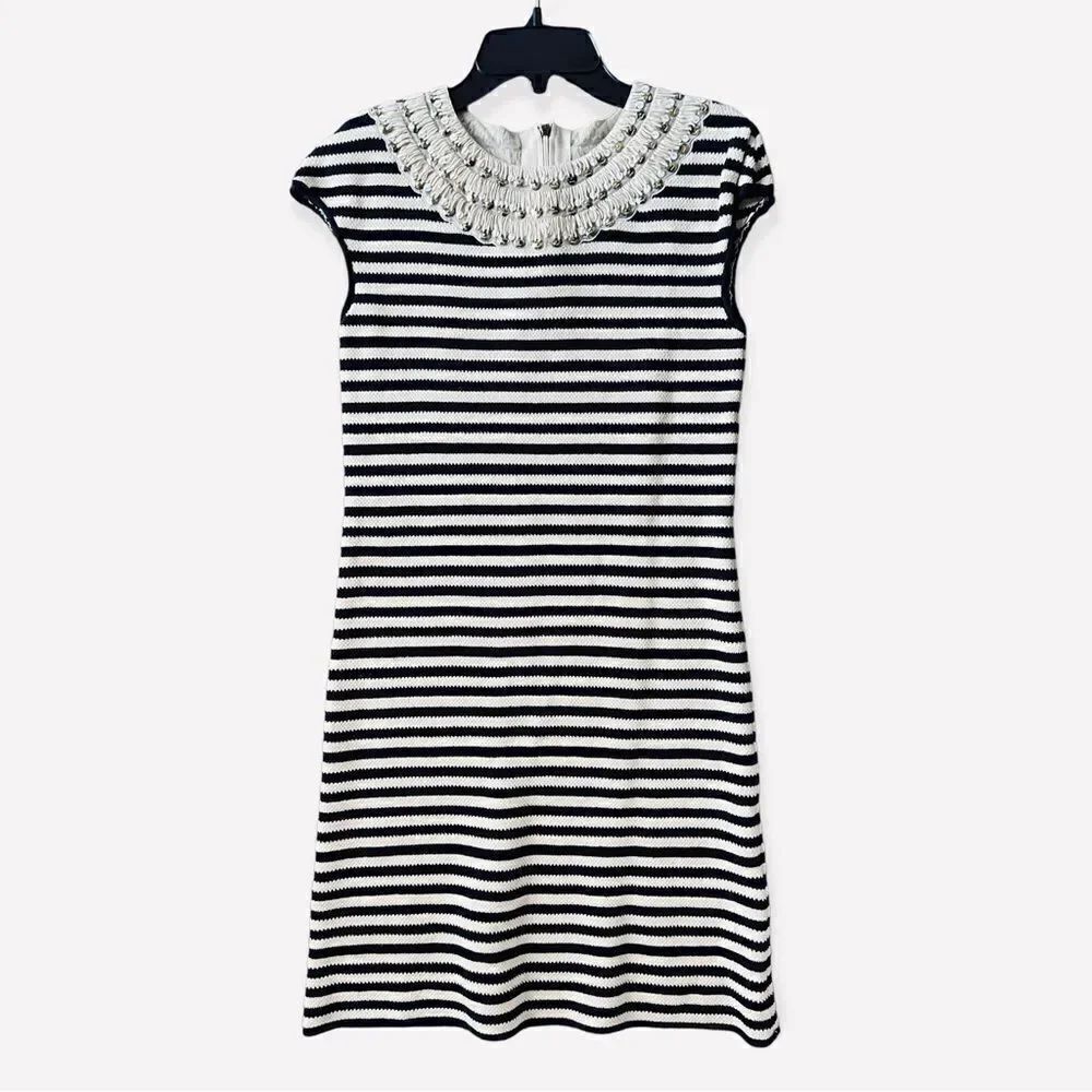 Tory Burch Dark Navy and Beige Striped Dress, Embellished Neck Line Trim